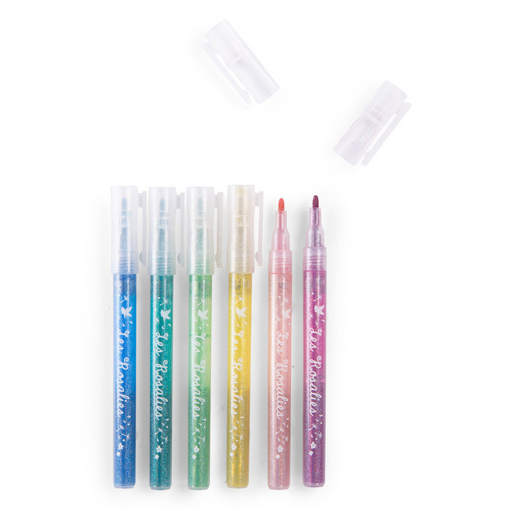 Set of six Moulin Roty glitter felt pens in vibrant colors.
