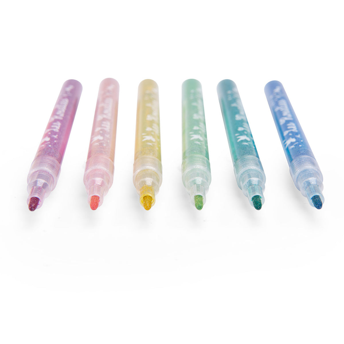 Set of six Les Rosalies colorful glitter felt pens lined up on a white background.