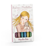 Moulin Roty Les Rosalies glitter felt pens box featuring an illustration of a girl holding a kitten.