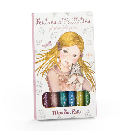 Moulin Roty Les Rosalies glitter felt pens box featuring an illustration of a girl holding a kitten.