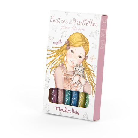 Moulin Roty Les Rosalies glitter felt pens box showing illustrated girl holding a kitten.