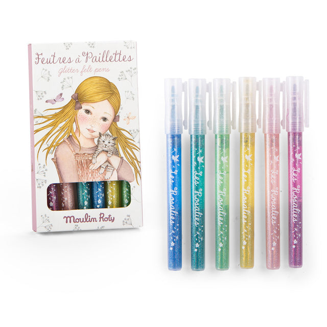 Moulin Roty Les Rosalies glitter felt pens pack with six colorful sparkling markers for kids crafts.