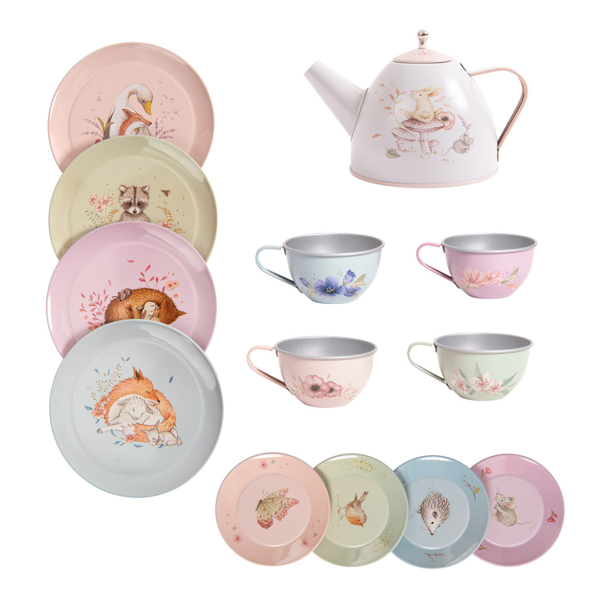 A charming set of pastel-colored dinnerware and a teapot with hand-painted animal and floral designs. Features woodland creatures and flowers, evoking a whimsical, cozy feel.