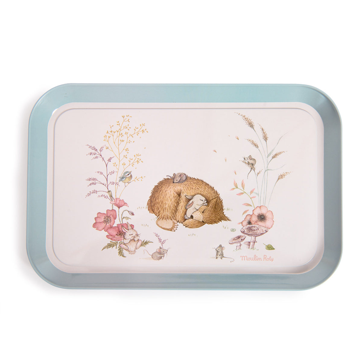 Moulin Roty Les Rosalies metal tea tray with sleeping bear woodland animals floral illustration in blue.