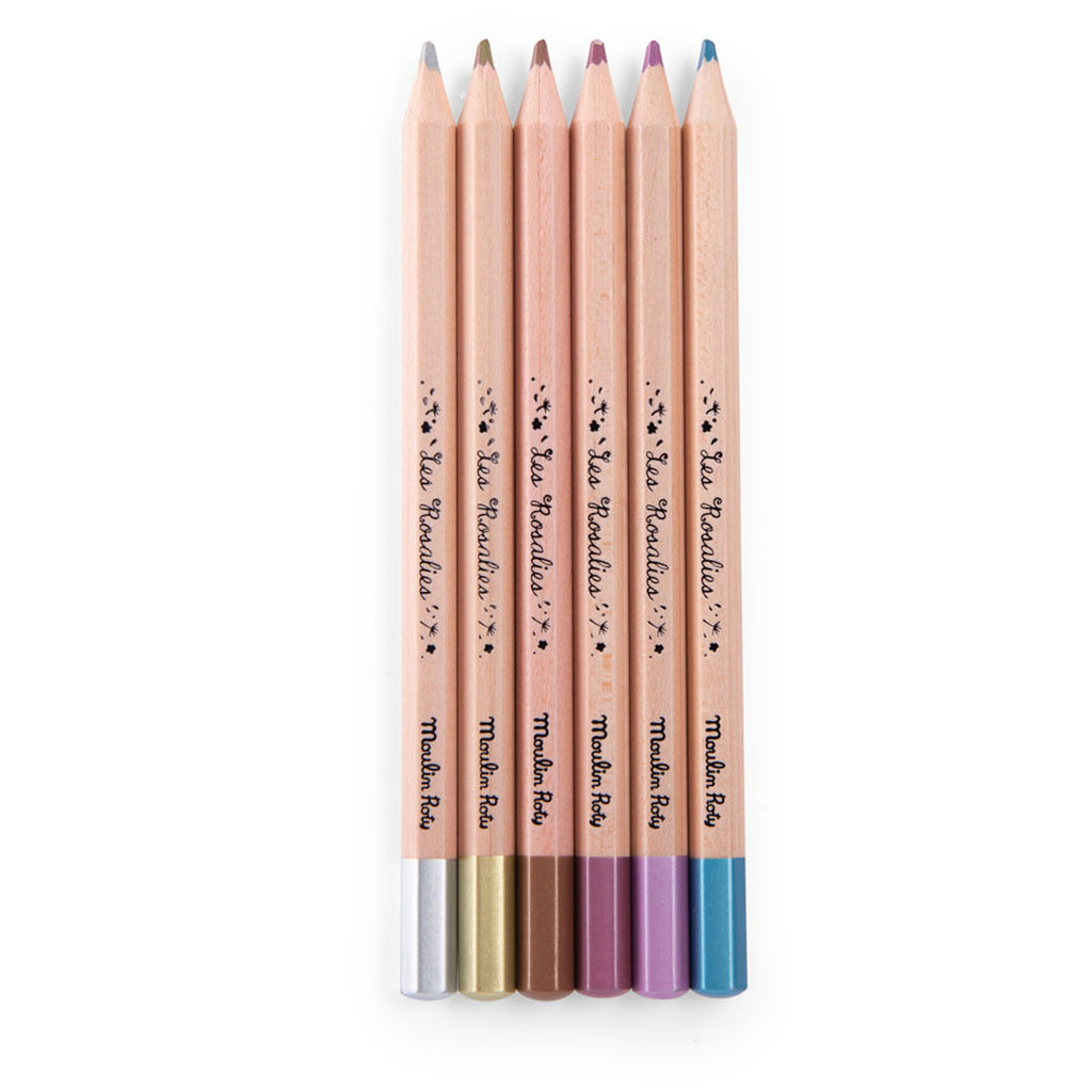 Six pastel-colored pencils forming a row with silver, gold, brown, blue, and purple tips.