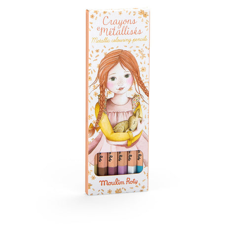 Moulin Roty Les Rosalies metallic colouring pencils pack featuring a girl holding a deer.