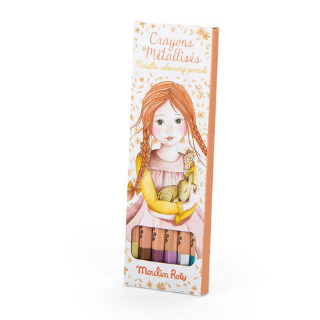 Moulin Roty metallic colouring pencils box featuring an illustration of a young girl holding a deer.