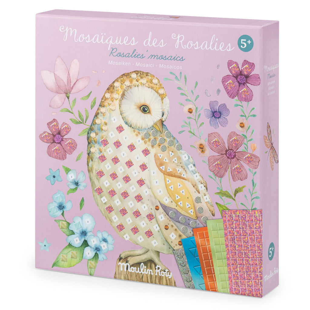 Illustrated craft box for "Rosalies' Mosaics" shows a mosaic-patterned owl amidst colorful flowers on a pastel purple background. Suitable for ages 5+.