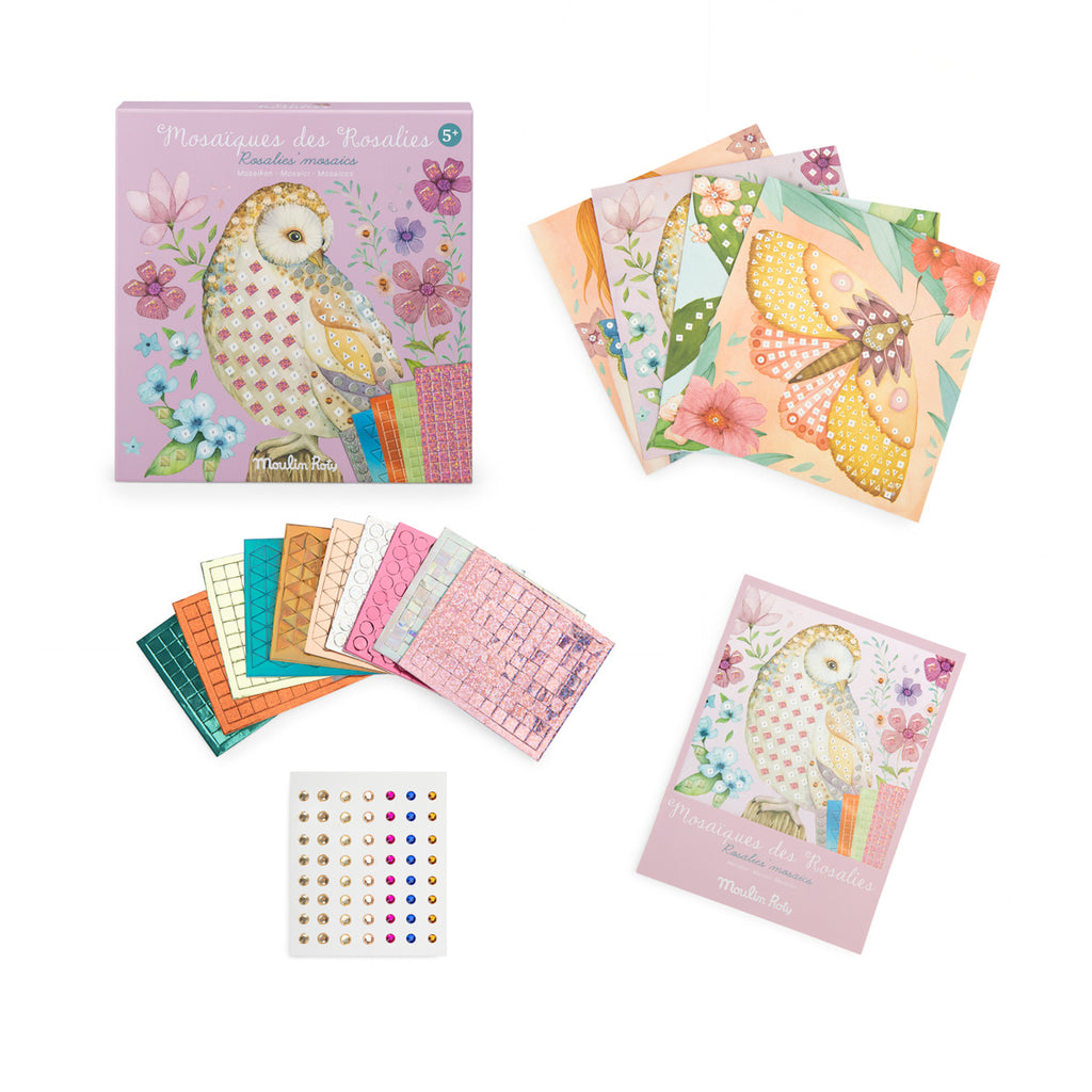 Mosaic craft kit featuring an owl design on a purple box. Includes colorful square paper sheets, illustrated cards with animals, and gem stickers. Vibrant and creative.