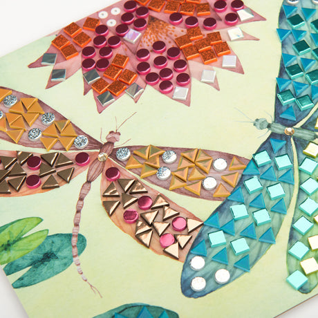 Les Rosalies dragonfly mosaic craft kit featuring colorful shimmering tiles and stickers.