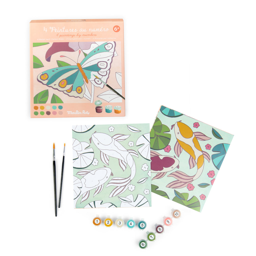 Paint-by-numbers kit with a colorful butterfly on the box and two koi fish outlines on paper. Includes brushes and numbered paint pots.