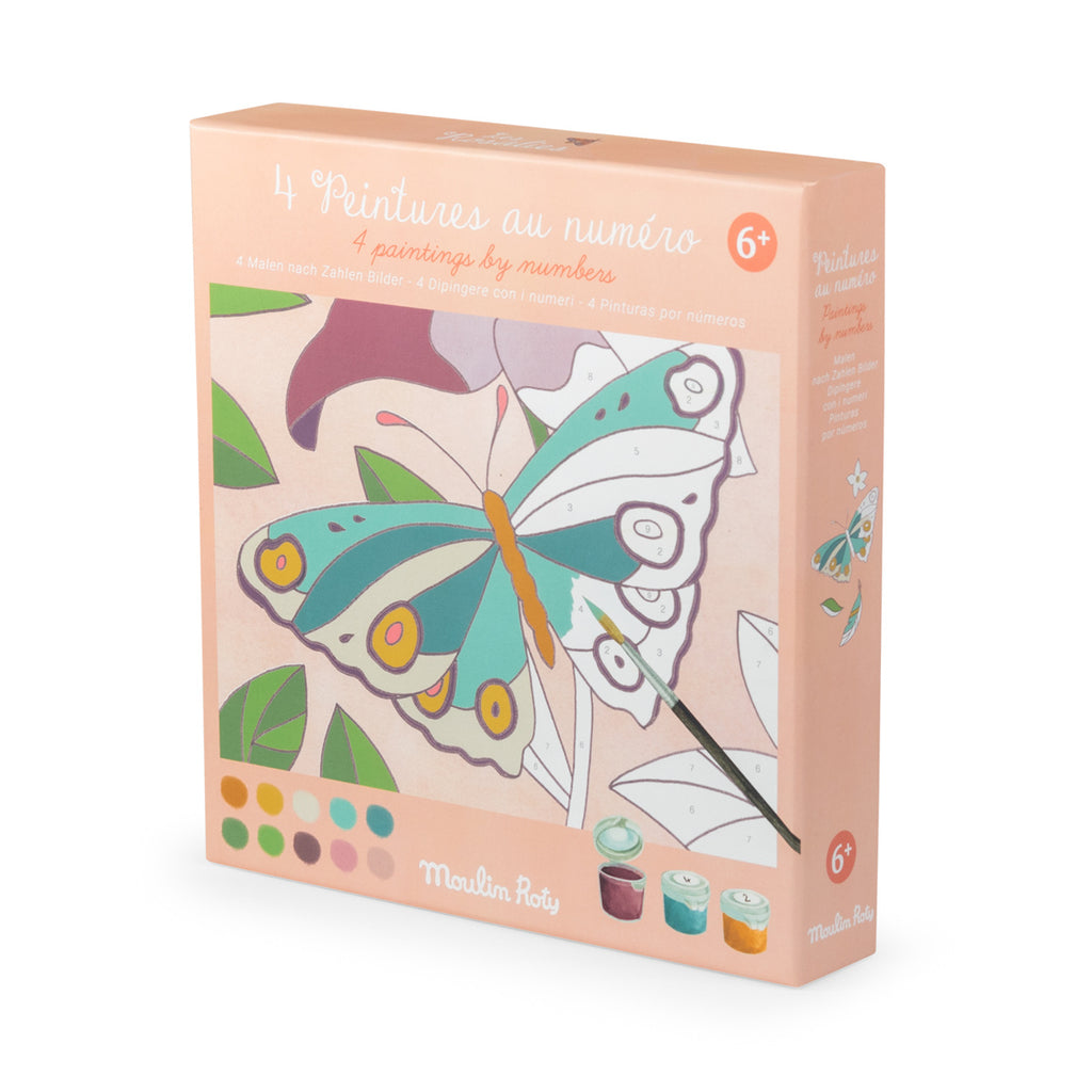A colorful children's paint-by-number kit box featuring a butterfly design. The box displays age suitability (6+) and includes small paint pots, with a bright and cheerful tone.