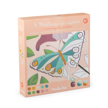 A colorful children's paint-by-number kit box featuring a butterfly design. The box displays age suitability (6+) and includes small paint pots, with a bright and cheerful tone.