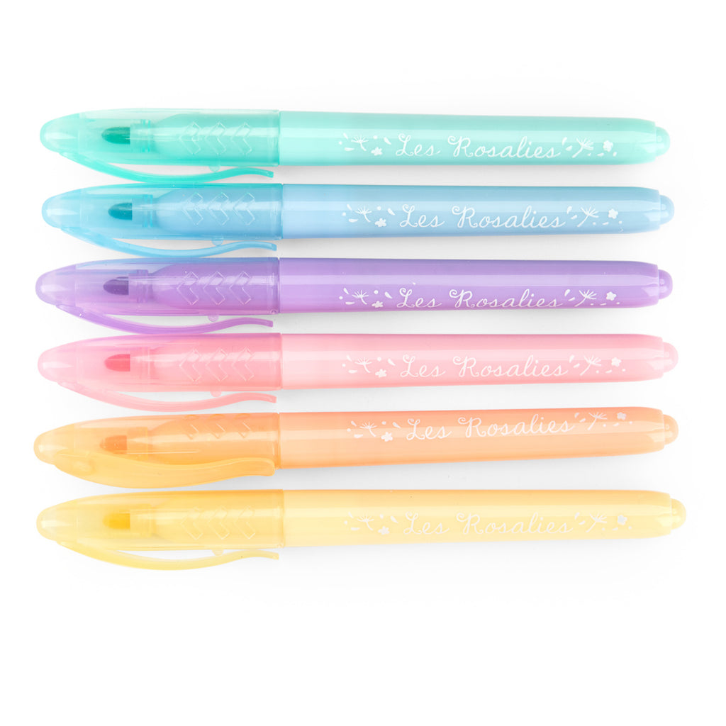 A set of six pastel markers in yellow, pink, orange, purple, blue, and mint is displayed.