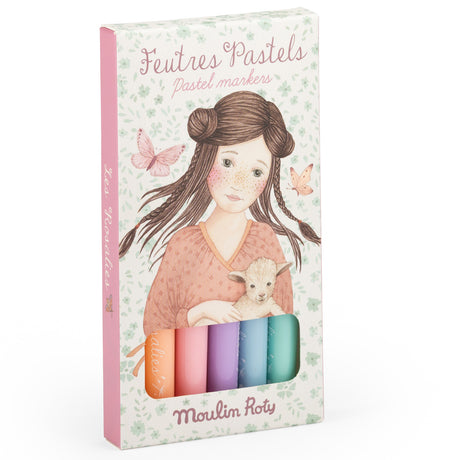 Moulin Roty Les Rosalies pastel markers packaging featuring an illustrated girl holding a lamb.