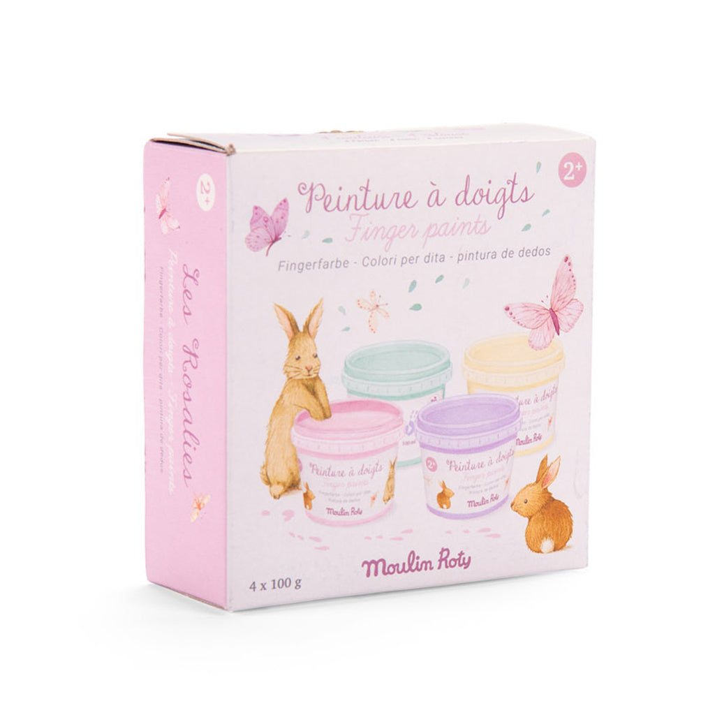 Box of children's finger paints with pastel-colored jars. Illustrated rabbits and butterflies adorn the packaging, conveying a whimsical, playful tone.
