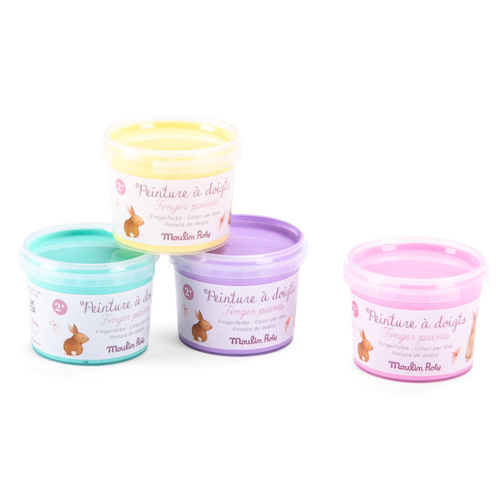 Four brightly colored finger paint tubs are arranged together. The colors are yellow, purple, turquoise, and pink. Labels feature cute animal drawings.
