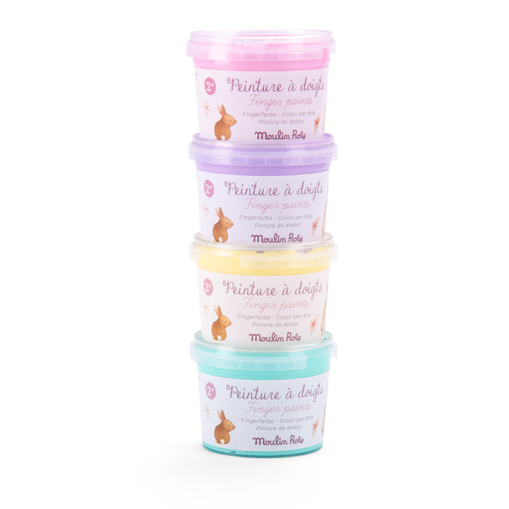Four brightly colored finger paint tubs are arranged together. The colors are yellow, purple, turquoise, and pink. Labels feature cute animal drawings.