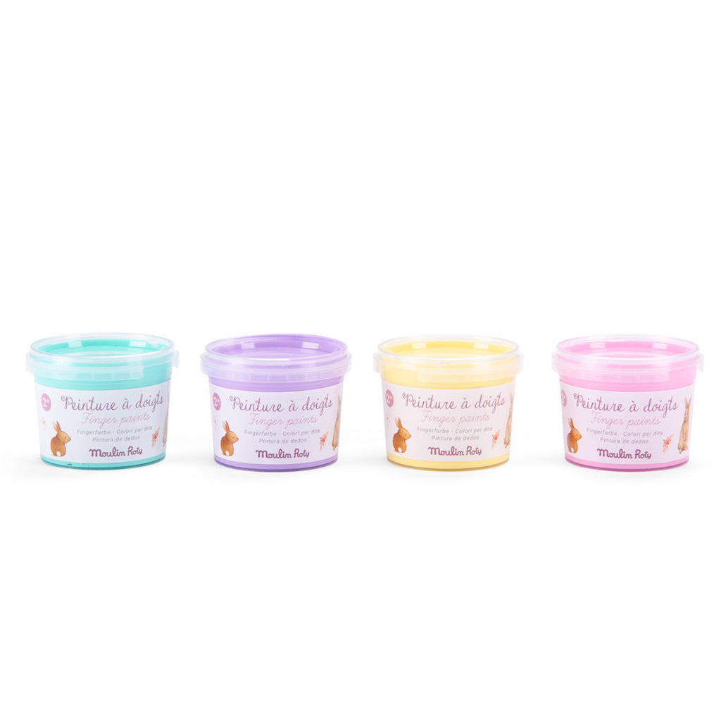 Four brightly colored finger paint tubs are arranged together. The colors are yellow, purple, turquoise, and pink. Labels feature cute animal drawings.