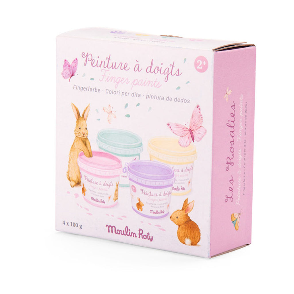 Box of children's finger paints with pastel-colored jars. Illustrated rabbits and butterflies adorn the packaging, conveying a whimsical, playful tone.