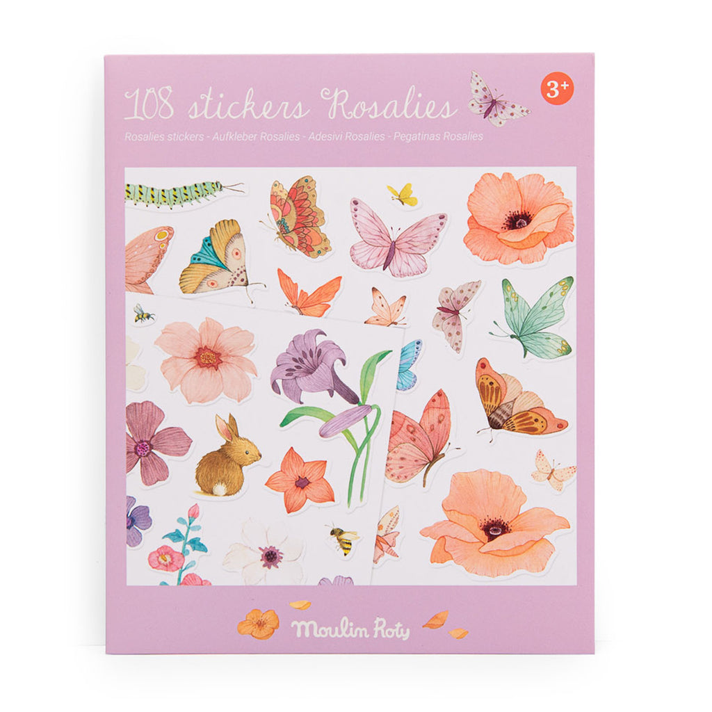 A sticker pack cover with delicate illustrations of butterflies, flowers, a bunny, and a bee. The pink background has playful, artistic vibes.
