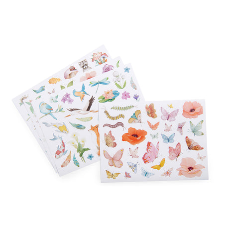 Watercolor floral, butterfly, and woodland animal sticker sheets for kids.
