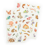 Watercolor temporary tattoos sheet featuring woodland animals, butterflies, and flowers for children.