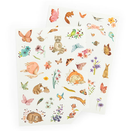 Watercolor temporary tattoos sheet featuring woodland animals, butterflies, and flowers for children.