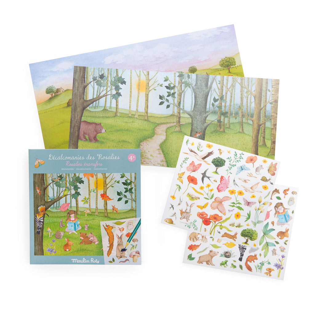 Children's nature-themed art set includes stickers of animals, plants, and insects. Background shows a forest scene with a bear and a path, evoking a whimsical and serene mood.