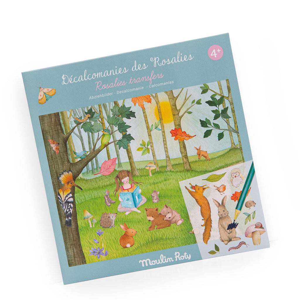 Children's nature-themed art set includes stickers of animals, plants, and insects. Background shows a forest scene with a bear and a path, evoking a whimsical and serene mood.