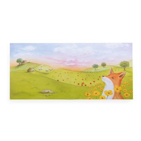 Watercolor illustration of a fox in a green rolling meadow with yellow flowers for kids transfers.