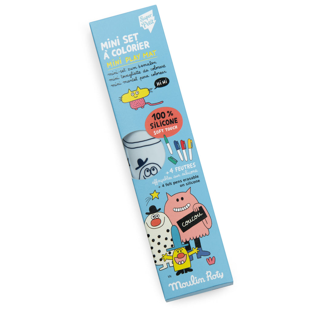 Blue rectangular box for a "Mini Set à Colorier" featuring cartoon characters, colorful markers, and a silicone play mat advertisement. Playful tone.