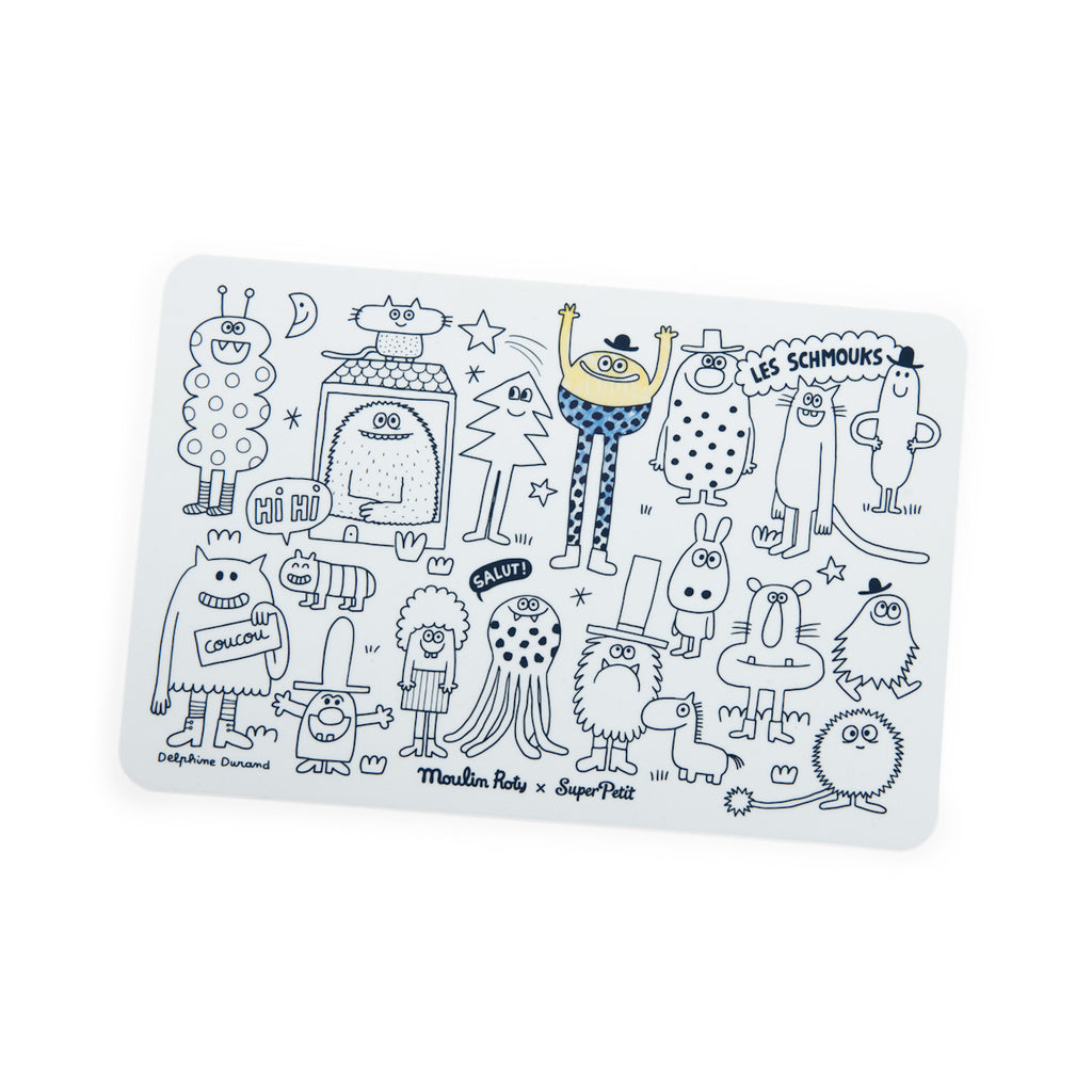 Whimsical cartoon creatures in various poses on a white background, with speech bubbles saying "Hi Hi" and "Salut!" Playful and quirky tone.