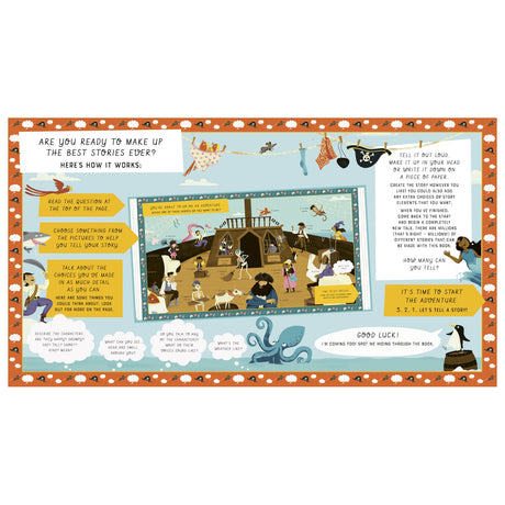 Inside page of "Pirate Adventure" book explaining how to create stories using picture choices and prompts.