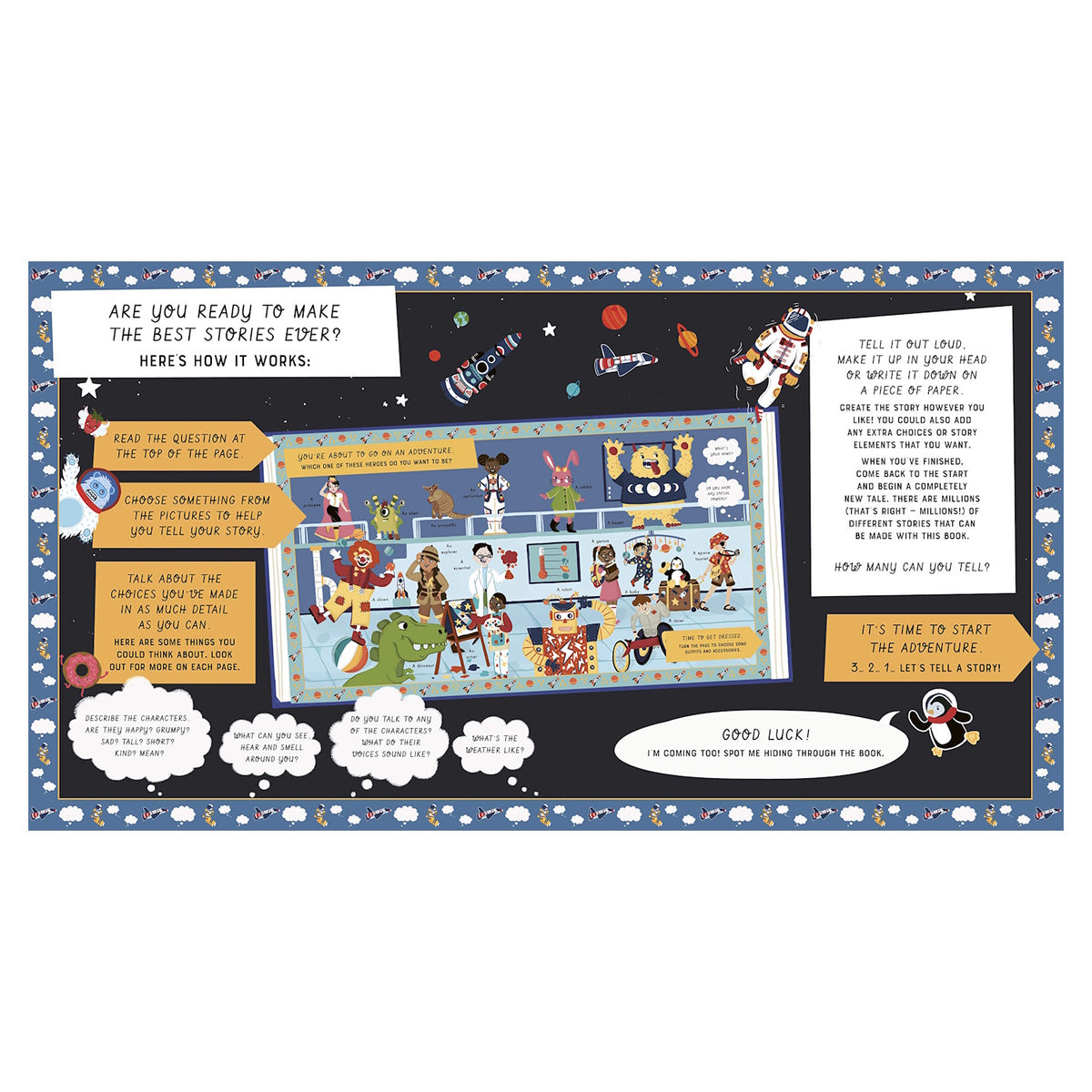 Illustrated storybook page with colorful characters, including animals and astronauts, inviting users to create stories. Text offers storytelling prompts. Playful and imaginative tone.