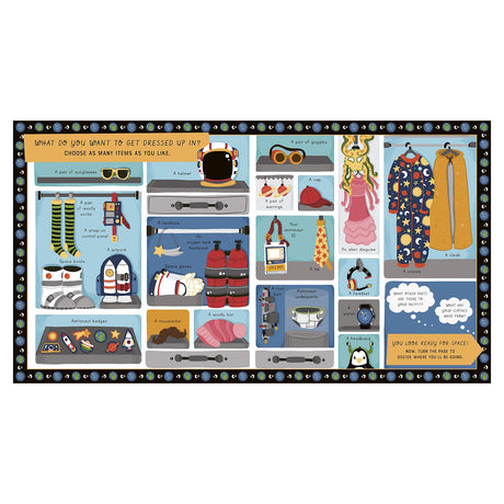 Fun dressing activity under a starry border. Items like a helmet, sunglasses, and a spacesuit are showcased for imaginative space-themed dress-up.