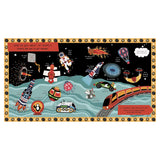 Colorful illustration of whimsical space travel options. Features rockets, spacecraft, planets, and a train against a starry background, creating a playful tone.