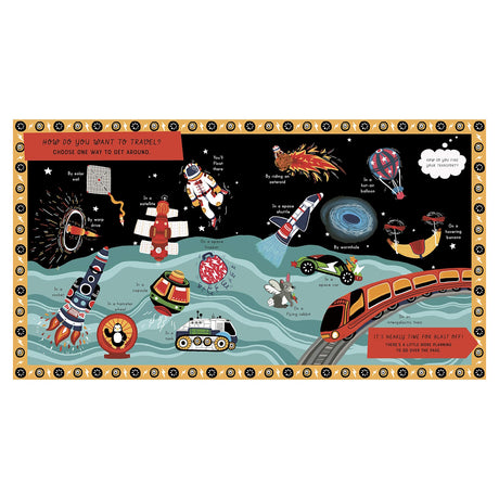 Colorful illustration of whimsical space travel options. Features rockets, spacecraft, planets, and a train against a starry background, creating a playful tone.