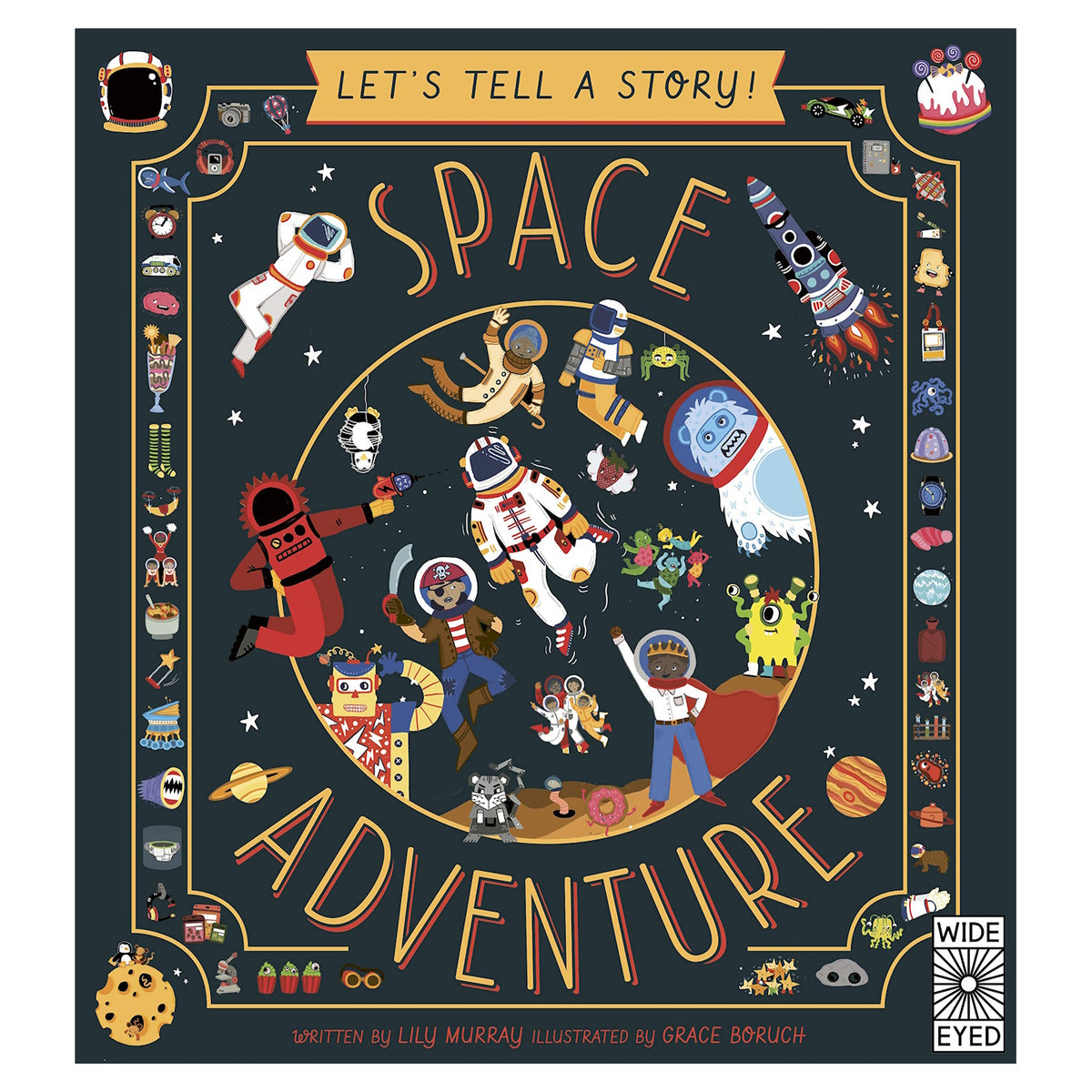 Colorful children's book cover titled "Space Adventure." Features diverse astronauts, aliens, and a rocket in space with playful, imaginative themes.