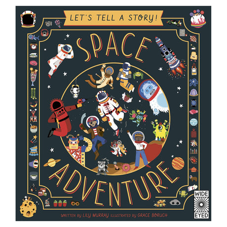 Colorful children's book cover titled "Space Adventure." Features diverse astronauts, aliens, and a rocket in space with playful, imaginative themes.