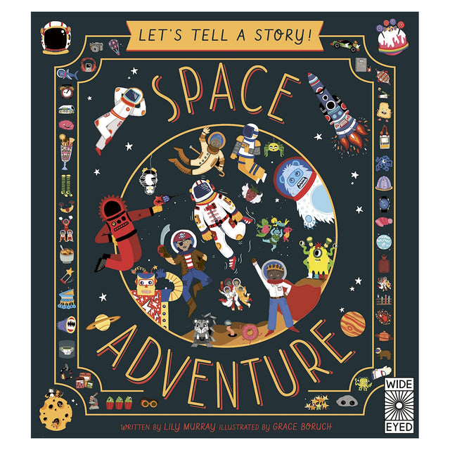 Colorful children's book cover titled "Space Adventure." Features diverse astronauts, aliens, and a rocket in space with playful, imaginative themes.