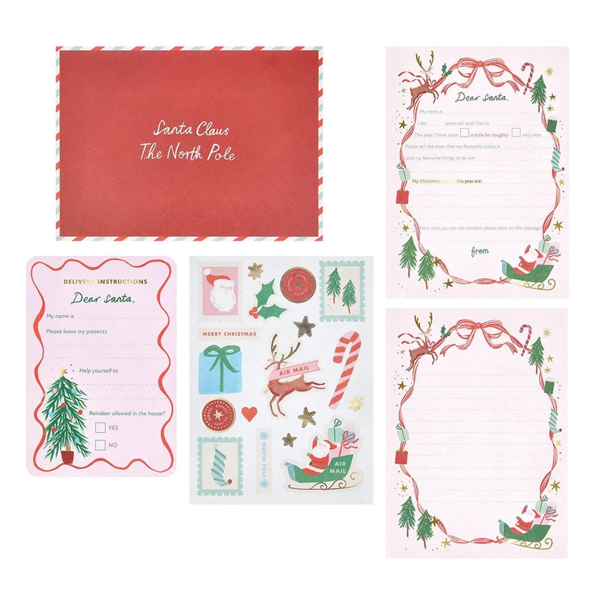 Letter to Santa set with red envelope, stationery, delivery instructions card, and stickers.