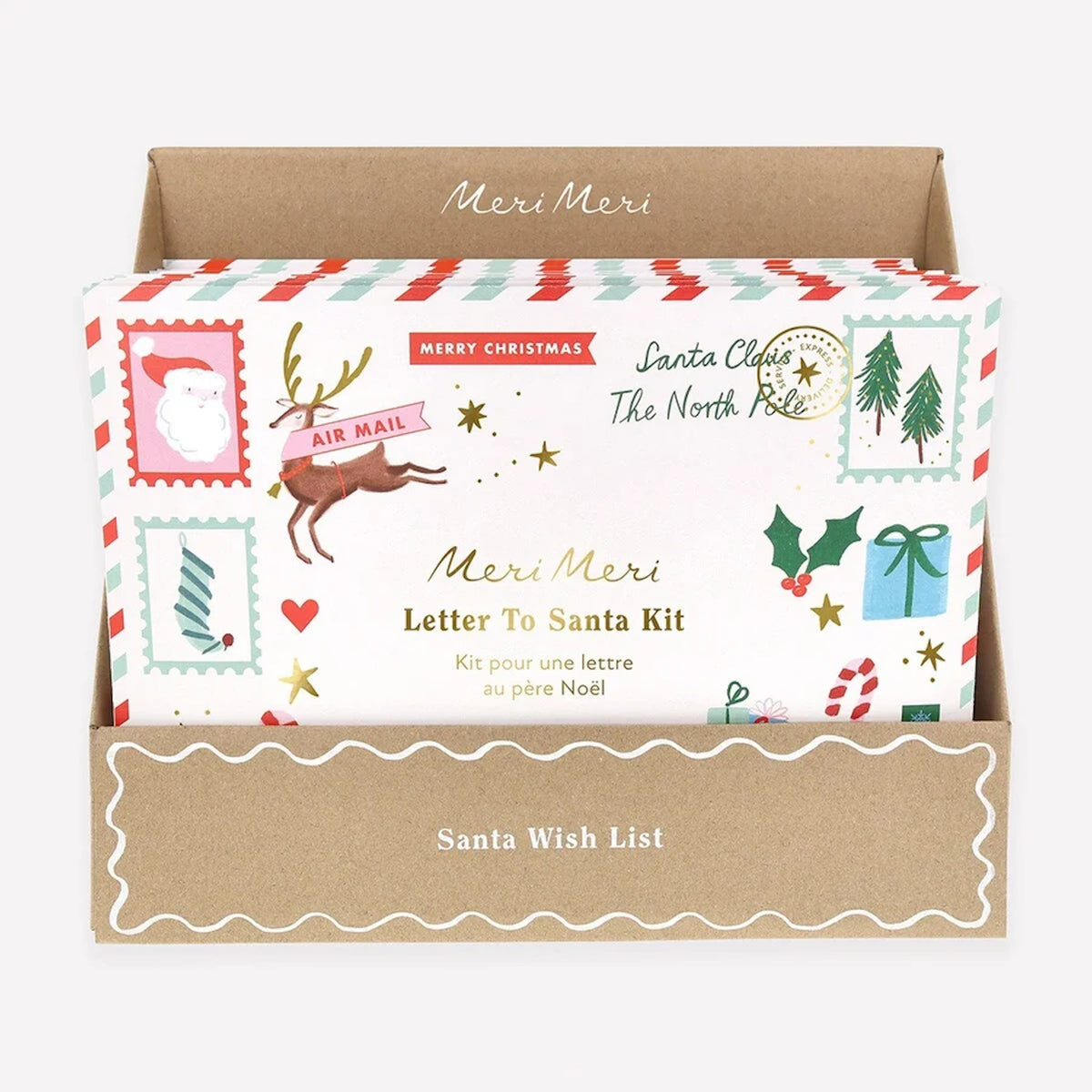Meri Meri Letter to Santa Kit featuring festive holiday envelopes and a reindeer design.