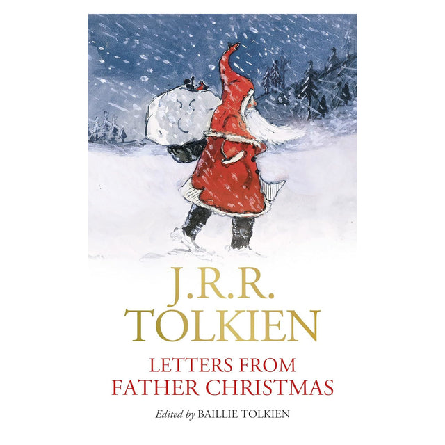 Santa in a snowy landscape carrying a sack, wearing a red suit under a starry sky. "J.R.R. Tolkien, Letters from Father Christmas" text below.
