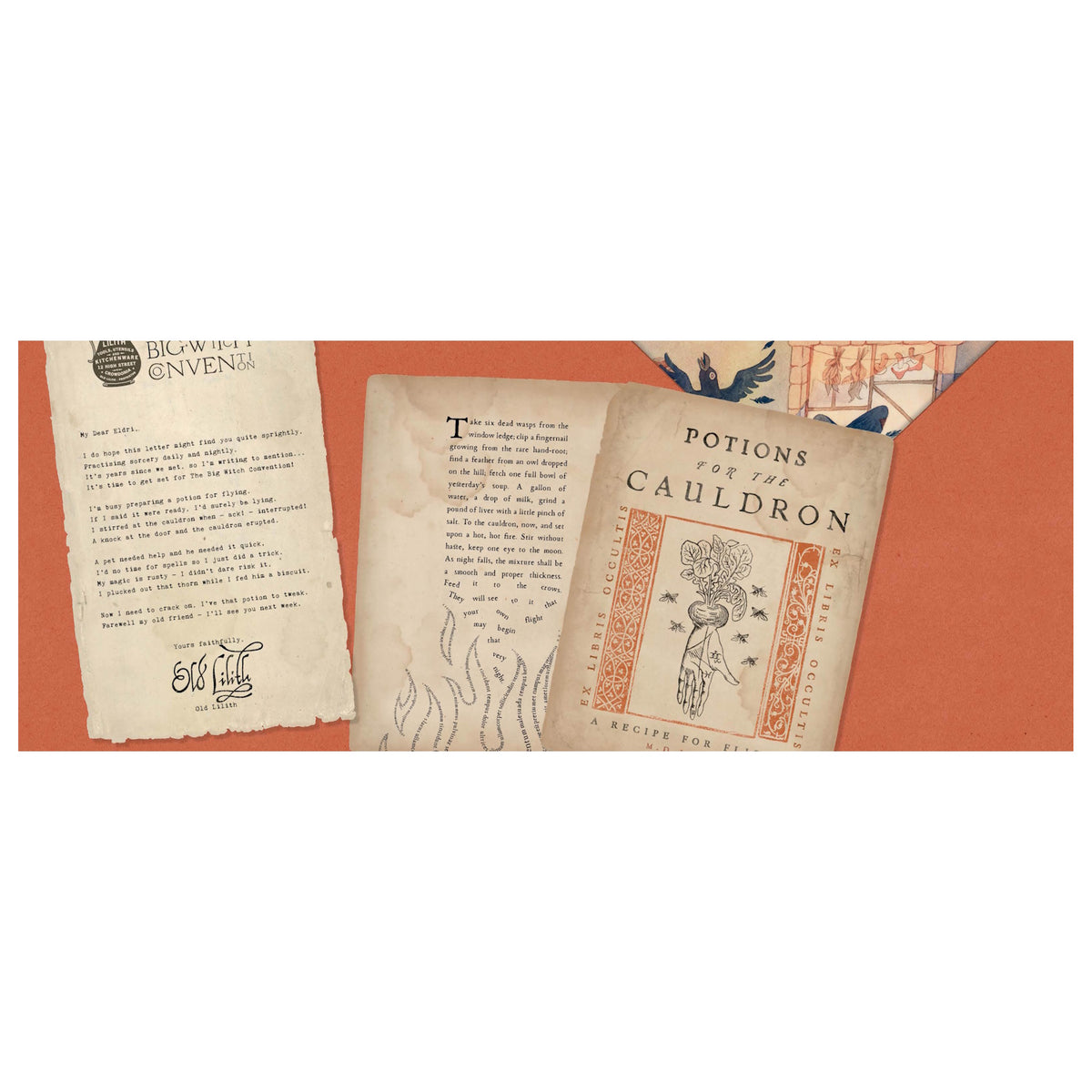 Open book display featuring a typed letter and illustrated spell pages titled Potions for the Cauldron.