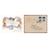 Illustrated book pages featuring children flying a kite alongside a handwritten envelope addressed to Nervella.