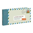 Letters to My Dad book cover designed like an airmail envelope with blue and green striped borders and a stamp.