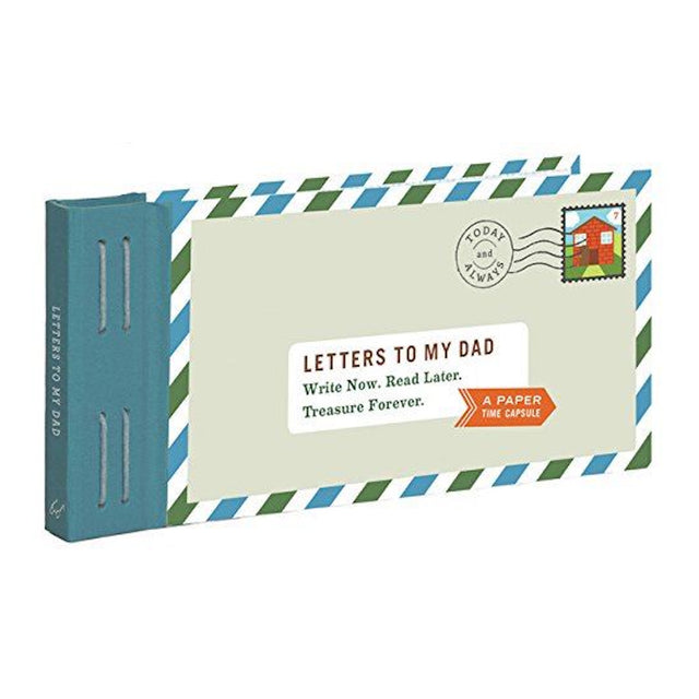 Letters to My Dad book cover designed like an airmail envelope with blue and green striped borders and a stamp.