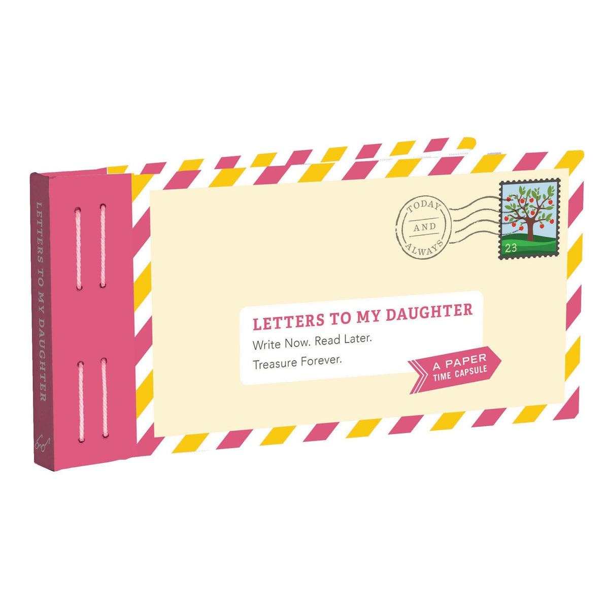 A book titled "Letters to My Daughter" designed as an envelope with pink and yellow stripes. Includes phrases "Write Now. Read Later. Treasure Forever."