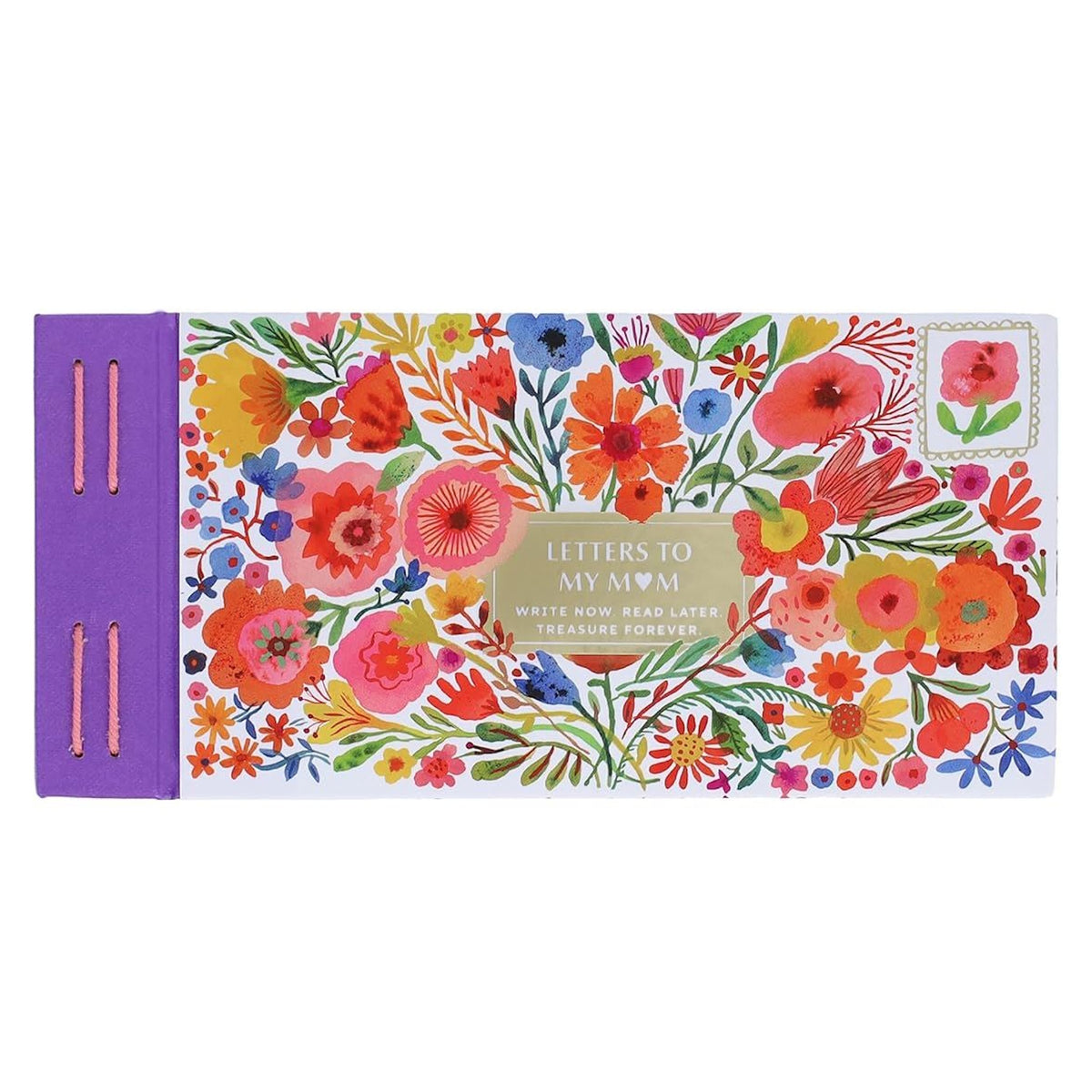 Floral keepsake book titled "Letters to My Mom" with colorful watercolor flowers and a purple stitched spine.